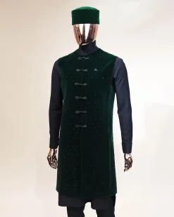 A Charcoal black long sleeve kaftan, Sacramento green velvet jacket, hat and sokoto African traditional senator kaftan native.