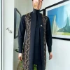 A Charcoal black long sleeve kaftan, dispersed floral splash kimono jacket, hat and sokoto African traditional senator kaftan native.