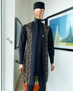 A Charcoal black long sleeve kaftan, dispersed floral splash kimono jacket, hat and sokoto African traditional senator kaftan native.