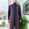 A charcoal black long sleeve kaftan, dispersed burgundy & black splash kimono jacket, hat and sokoto African traditional senator kaftan native.