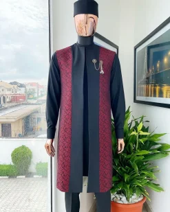 A charcoal black long sleeve kaftan, dispersed burgundy & black splash kimono jacket, hat and sokoto African traditional senator kaftan native.