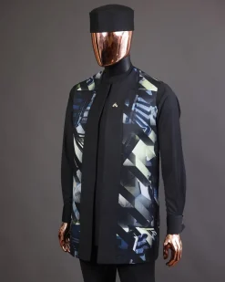 A charcoal black long sleeve kaftan, 3D printed kimono jacket, hat and sokoto African traditional senator kaftan native.