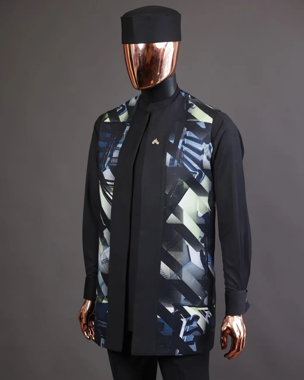 A charcoal black long sleeve kaftan, 3D printed kimono jacket, hat and sokoto African traditional senator kaftan native.