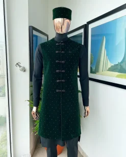 A Charcoal black long sleeve kaftan, Sacramento green velvet jacket, hat and sokoto African traditional senator kaftan native.