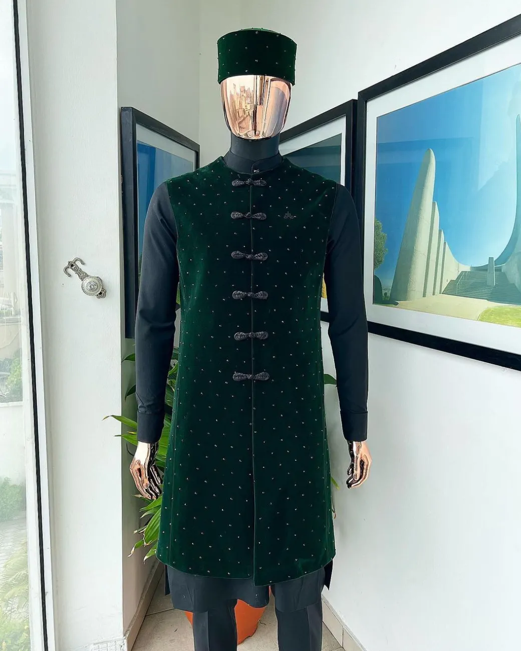 A Charcoal black long sleeve kaftan, Sacramento green velvet jacket, hat and sokoto African traditional senator kaftan native.