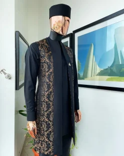 A Charcoal black long sleeve kaftan, dispersed floral splash kimono jacket, hat and sokoto African traditional senator kaftan native.