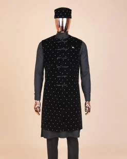 A Charcoal black long sleeve kaftan, Matching velvet jacket , hat and sokoto African traditional senator kaftan native.