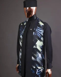 A charcoal black long sleeve kaftan, 3D printed kimono jacket, hat and sokoto African traditional senator kaftan native.