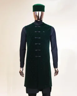 A Charcoal black long sleeve kaftan, Sacramento green velvet jacket, hat and sokoto African traditional senator kaftan native.