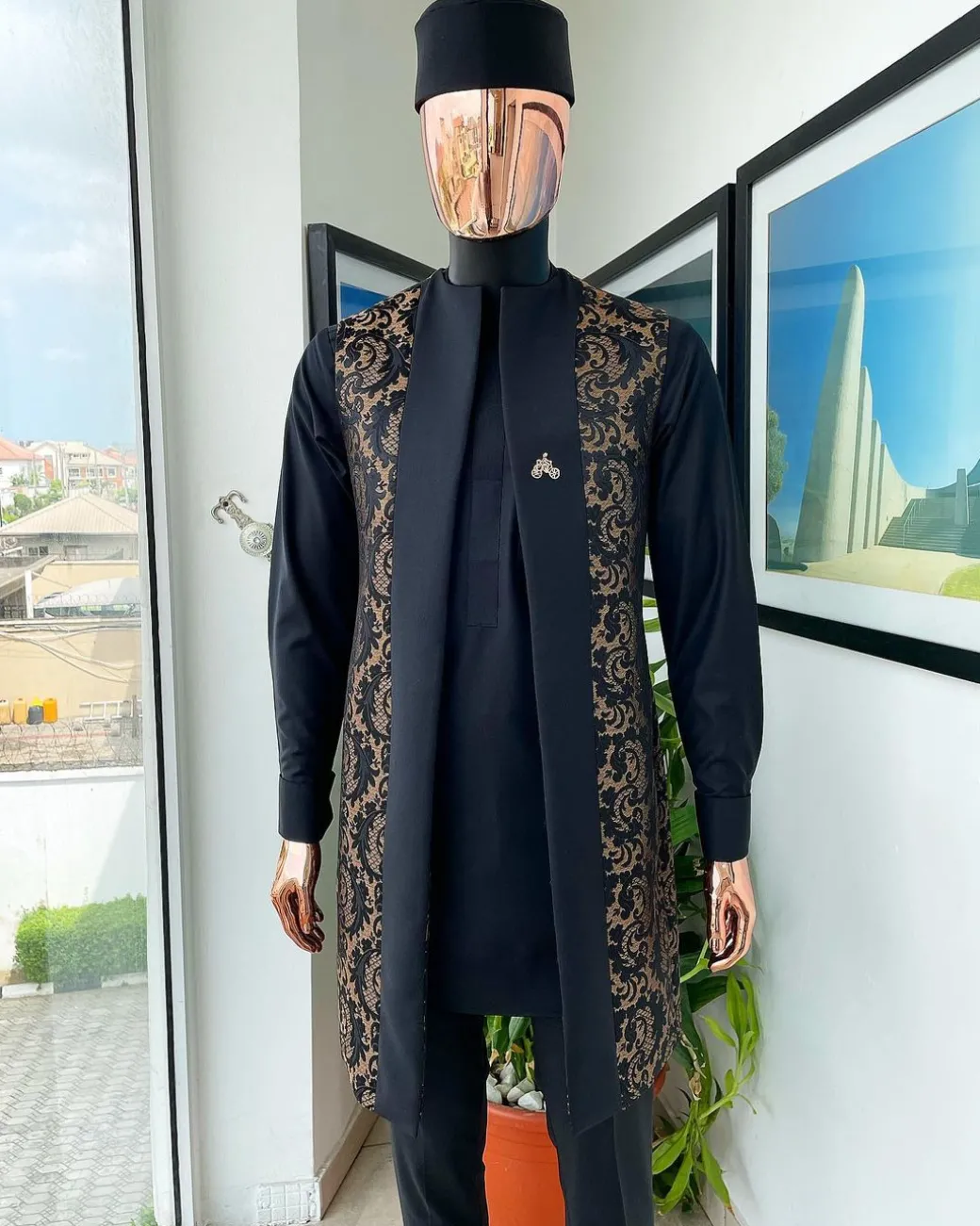 A Charcoal black long sleeve kaftan, dispersed floral splash kimono jacket, hat and sokoto African traditional senator kaftan native.