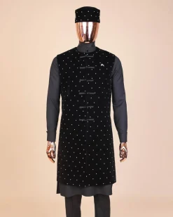 A Charcoal black long sleeve kaftan, Matching velvet jacket , hat and sokoto African traditional senator kaftan native.