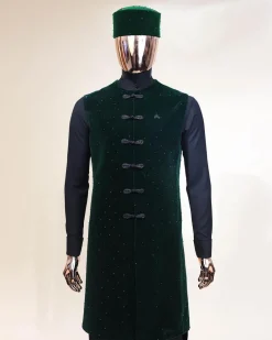 A Charcoal black long sleeve kaftan, Sacramento green velvet jacket, hat and sokoto African traditional senator kaftan native.