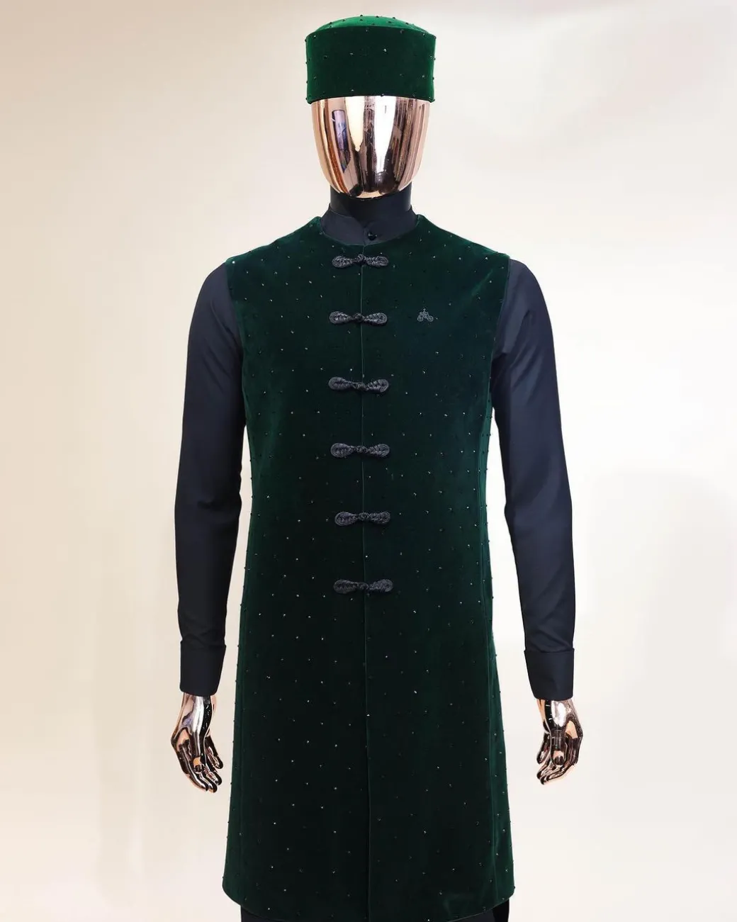 A Charcoal black long sleeve kaftan, Sacramento green velvet jacket, hat and sokoto African traditional senator kaftan native.