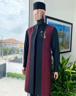 A charcoal black long sleeve kaftan, dispersed burgundy & black splash kimono jacket, hat and sokoto African traditional senator kaftan native.