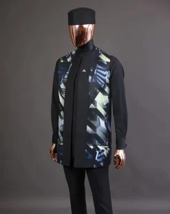A charcoal black long sleeve kaftan, 3D printed kimono jacket, hat and sokoto African traditional senator kaftan native.