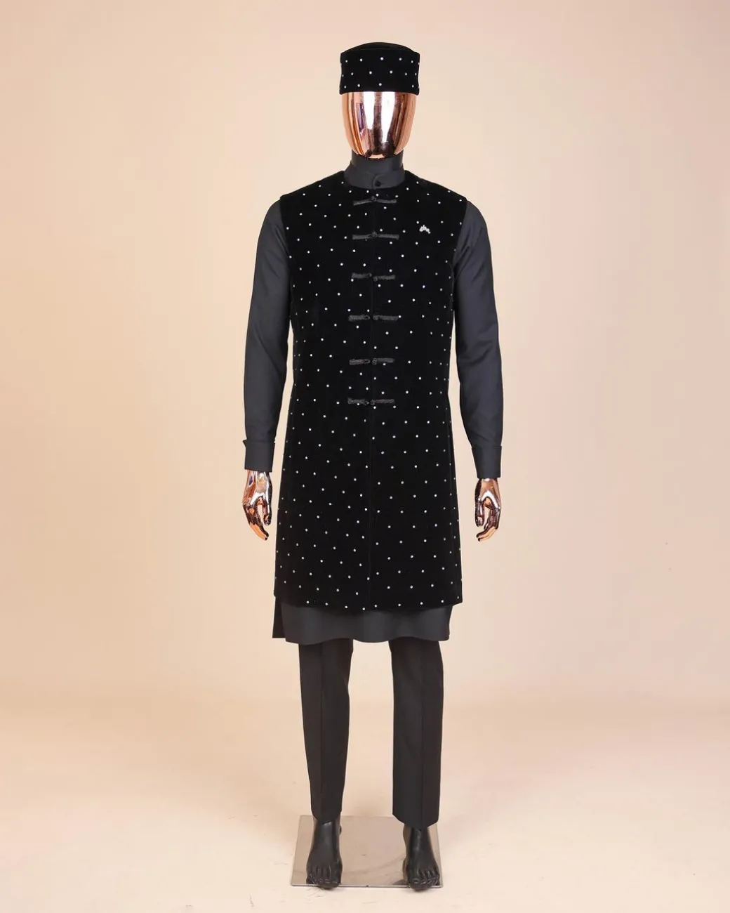 A Charcoal black long sleeve kaftan, Matching velvet jacket , hat and sokoto African traditional senator kaftan native.