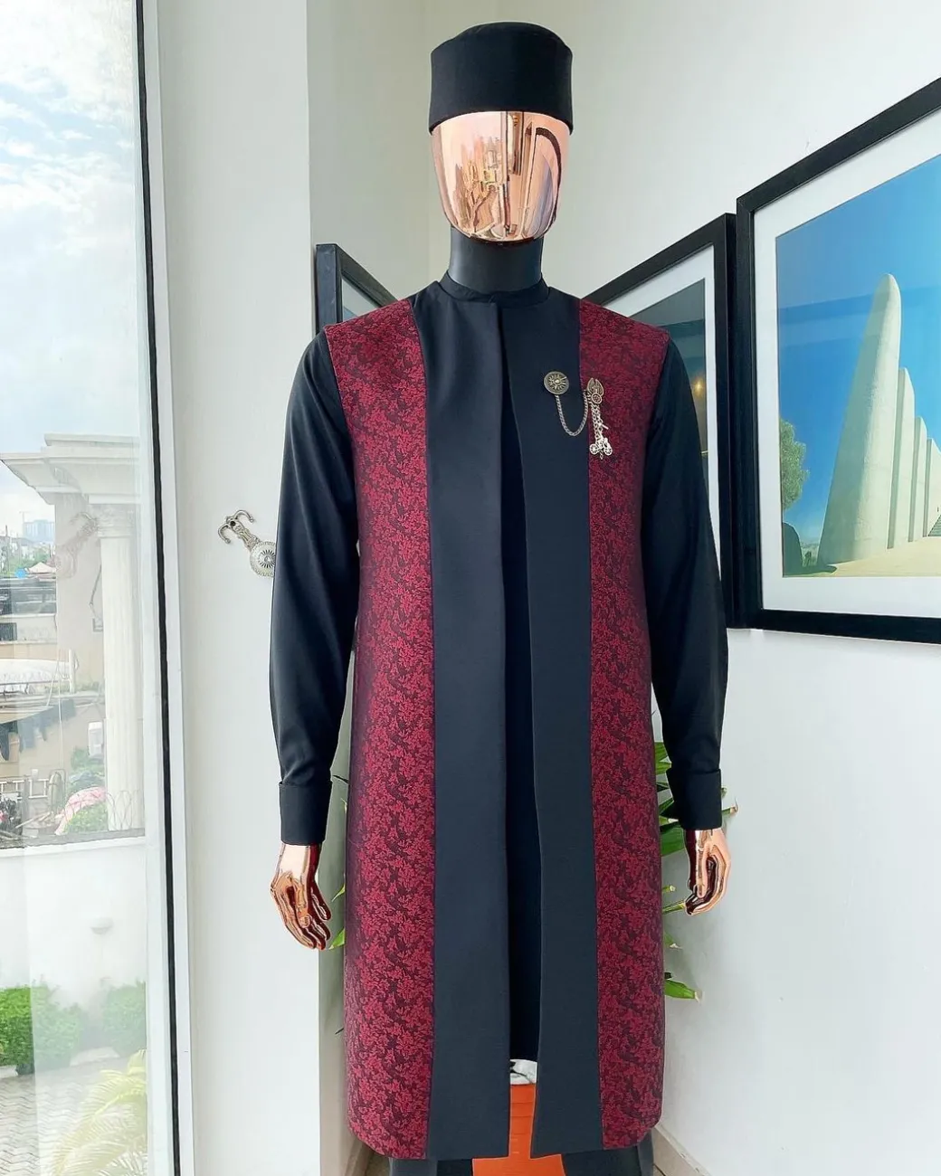 A charcoal black long sleeve kaftan, dispersed burgundy & black splash kimono jacket, hat and sokoto African traditional senator kaftan native.