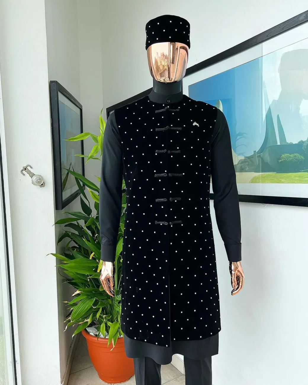 A Charcoal black long sleeve kaftan, Matching velvet jacket , hat and sokoto African traditional senator kaftan native.