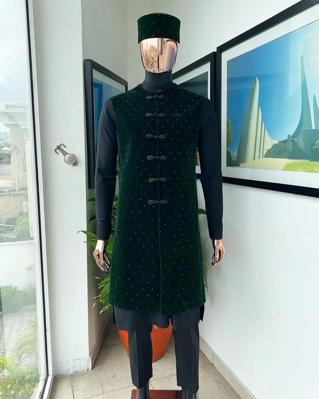 A Charcoal black long sleeve kaftan, Sacramento green velvet jacket, hat and sokoto African traditional senator kaftan native.