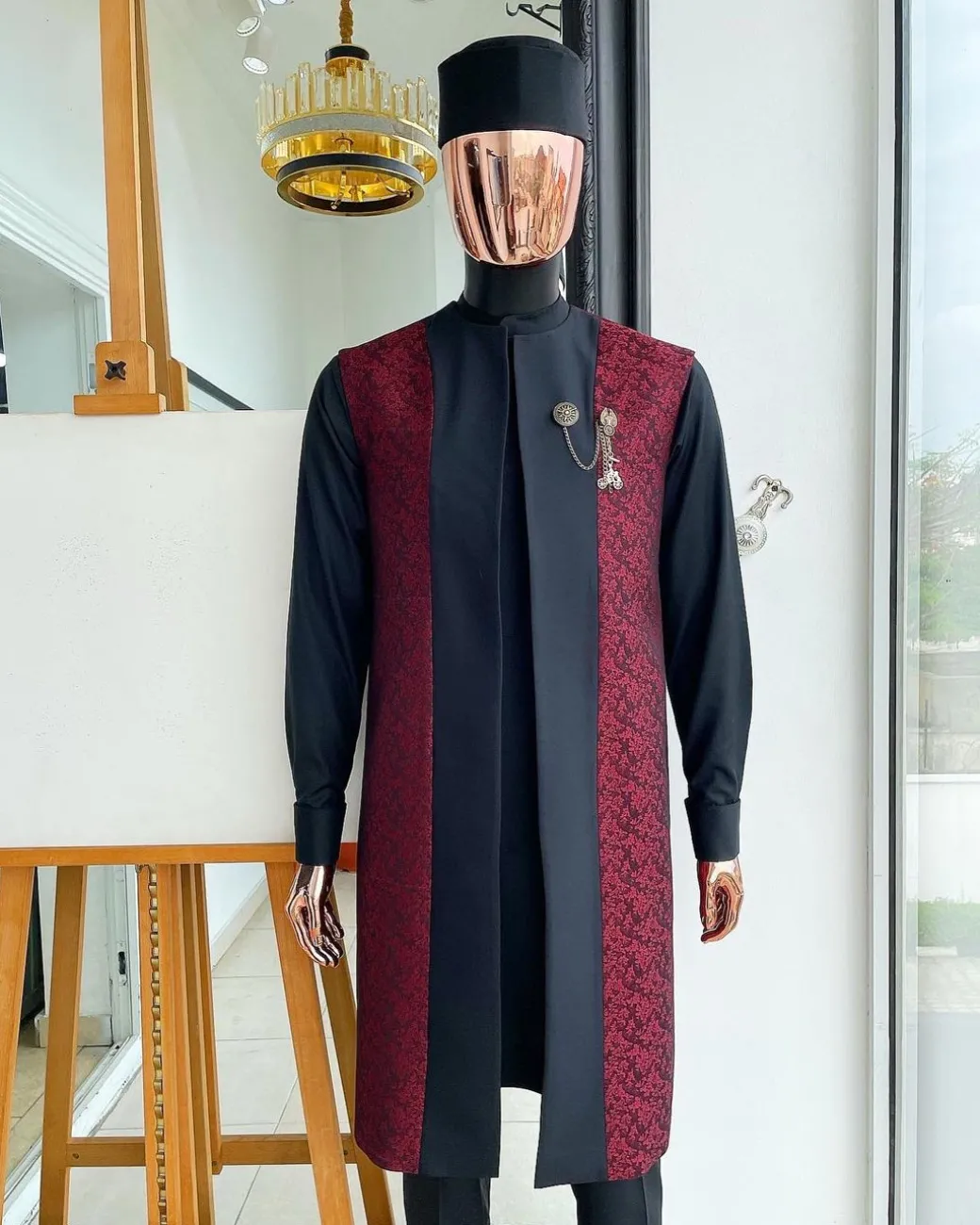 A charcoal black long sleeve kaftan, dispersed burgundy & black splash kimono jacket, hat and sokoto African traditional senator kaftan native.