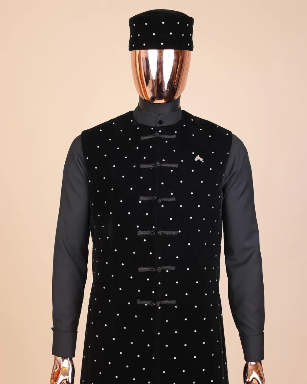 A Charcoal black long sleeve kaftan, Matching velvet jacket , hat and sokoto African traditional senator kaftan native.
