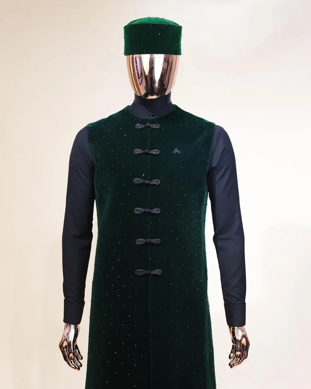 A Charcoal black long sleeve kaftan, Sacramento green velvet jacket, hat and sokoto African traditional senator kaftan native.