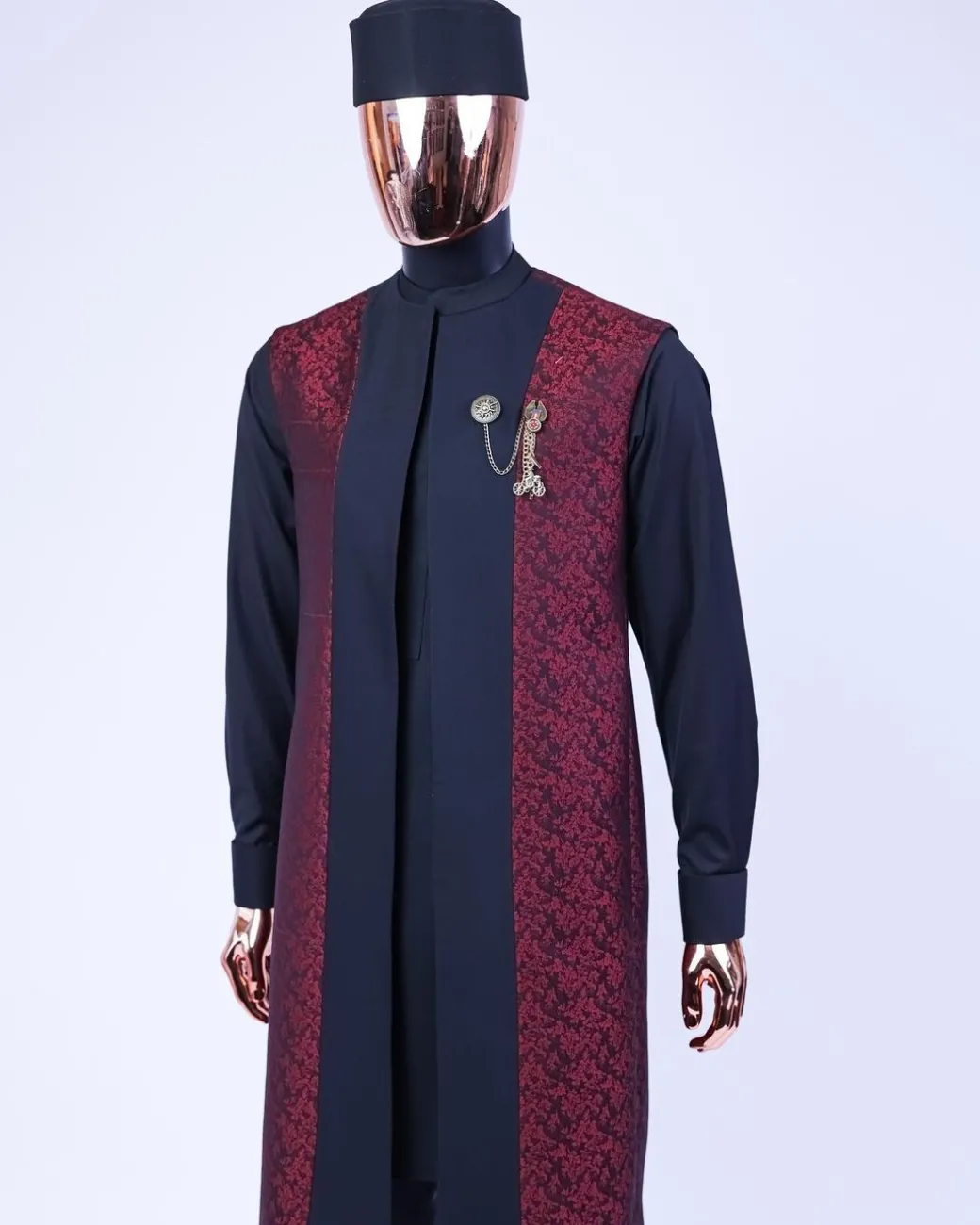A charcoal black long sleeve kaftan, dispersed burgundy & black splash kimono jacket, hat and sokoto African traditional senator kaftan native.