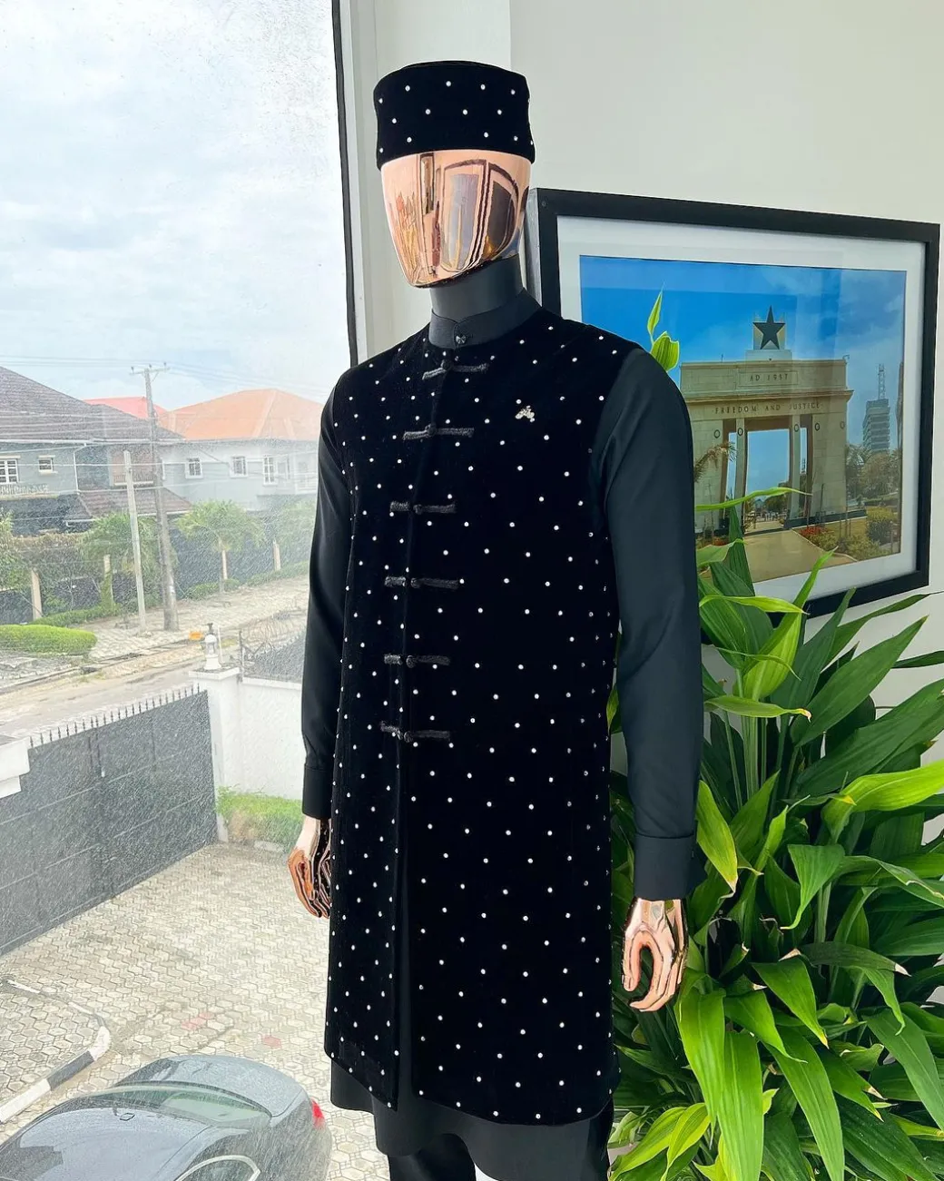 A Charcoal black long sleeve kaftan, Matching velvet jacket , hat and sokoto African traditional senator kaftan native.