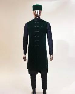 A Charcoal black long sleeve kaftan, Sacramento green velvet jacket, hat and sokoto African traditional senator kaftan native.