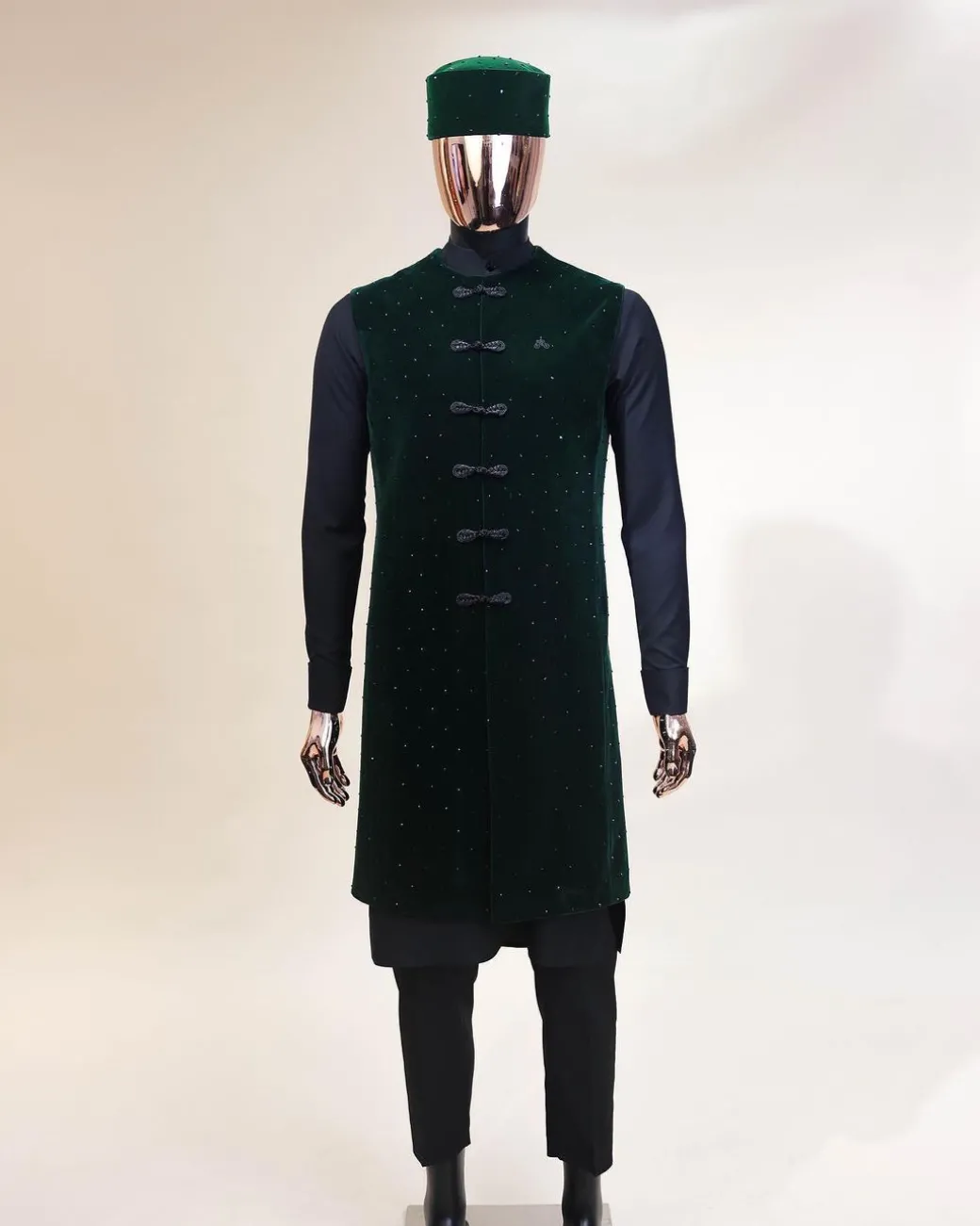 A Charcoal black long sleeve kaftan, Sacramento green velvet jacket, hat and sokoto African traditional senator kaftan native.