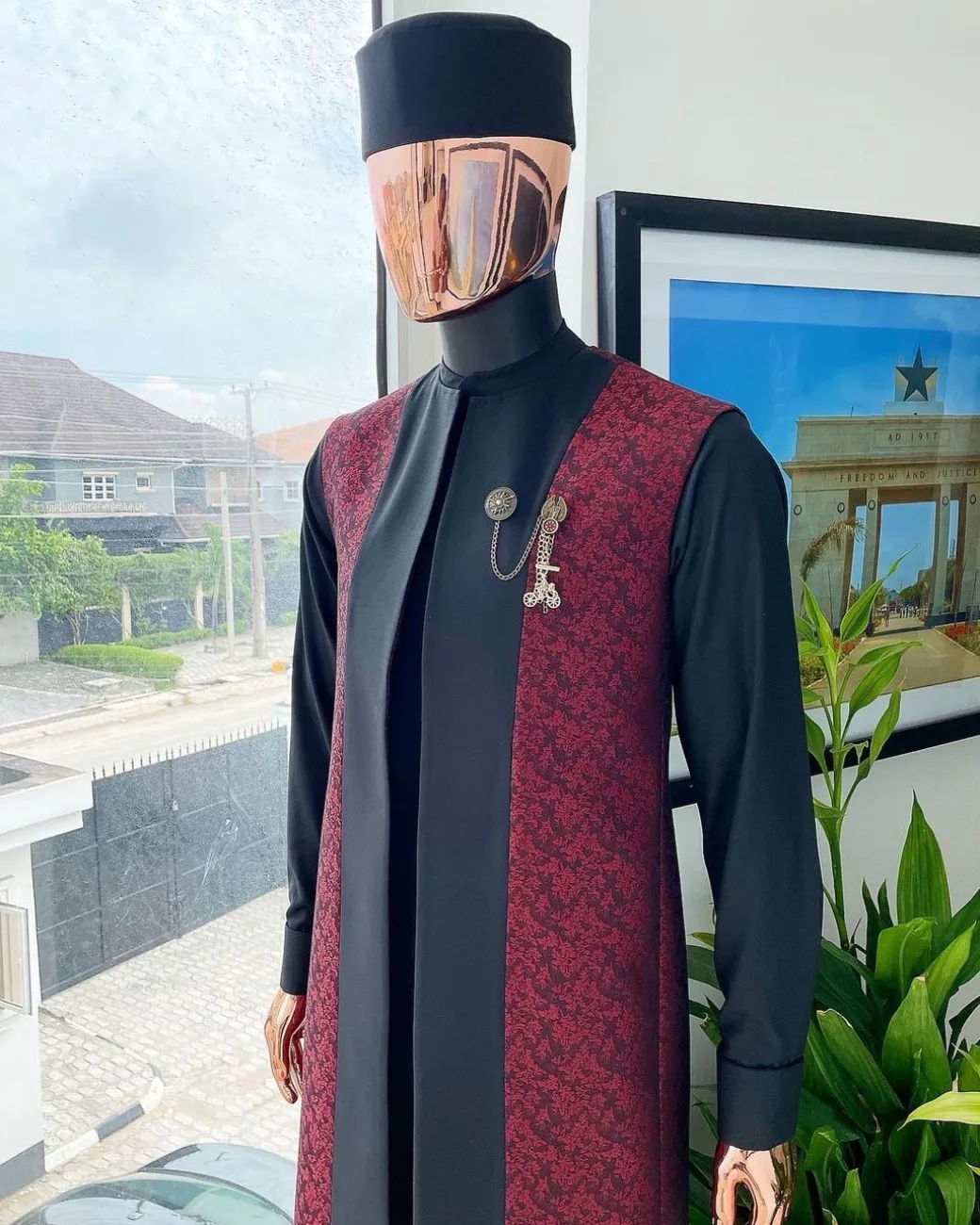 A charcoal black long sleeve kaftan, dispersed burgundy & black splash kimono jacket, hat and sokoto African traditional senator kaftan native.