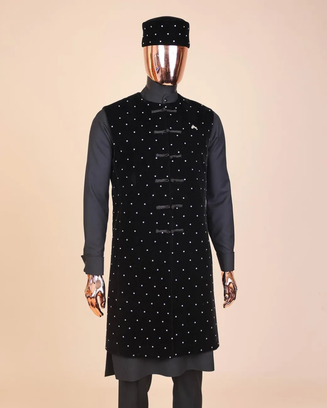 A Charcoal black long sleeve kaftan, Matching velvet jacket , hat and sokoto African traditional senator kaftan native.