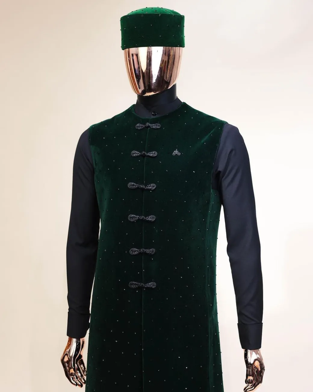 A Charcoal black long sleeve kaftan, Sacramento green velvet jacket, hat and sokoto African traditional senator kaftan native.