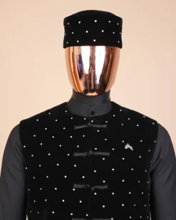 A Charcoal black long sleeve kaftan, Matching velvet jacket , hat and sokoto African traditional senator kaftan native.
