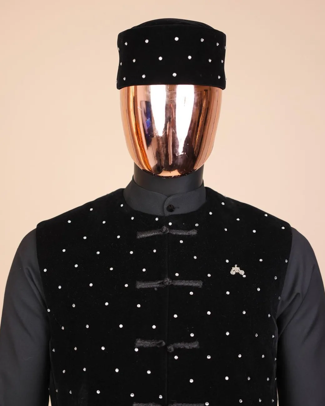A Charcoal black long sleeve kaftan, Matching velvet jacket , hat and sokoto African traditional senator kaftan native.