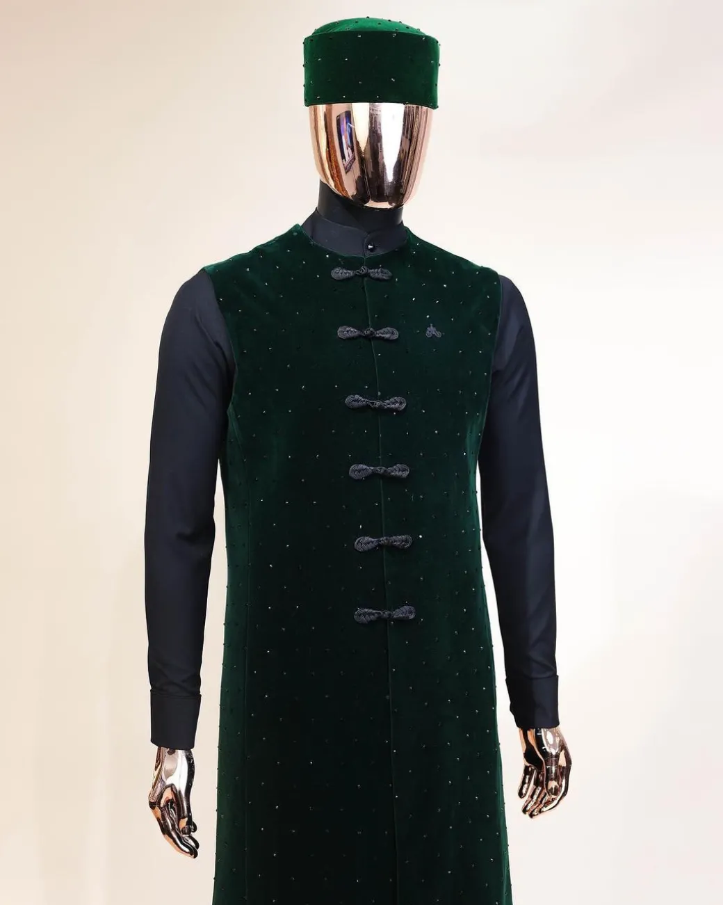 A Charcoal black long sleeve kaftan, Sacramento green velvet jacket, hat and sokoto African traditional senator kaftan native.