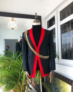 A Charcoal Black “Malian” dual-colour and chain-detailed tuxedo Suit