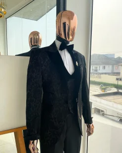 A Charcoal black, mandarin floral pattern with gold detailing metallic Jacquard velvet peak lapel tuxedo suit