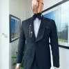 A Charcoal black “Mandarin” dispersed charcoal black ruffle pattern shawl lapel jacquard suit