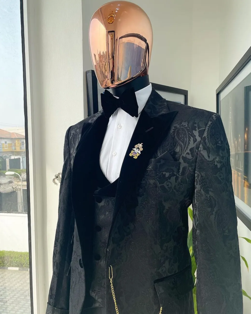 A Charcoal black, mandarin floral pattern with gold detailing metallic Jacquard velvet peak lapel tuxedo suit