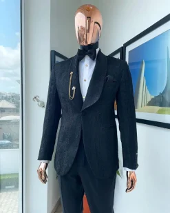 A Charcoal black “Mandarin” dispersed charcoal black ruffle pattern shawl lapel jacquard suit