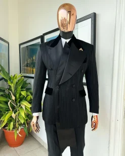 A Charcoal Black “Mandate” rain drop patterned jacquard, triple breasted, dropping sache tuxedo suit