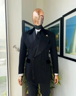 A Charcoal Black “Mandate” rain drop patterned jacquard, triple breasted tuxedo suit