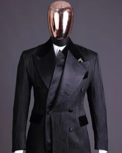 A Charcoal Black “Mandate” rain drop patterned jacquard, triple breasted, dropping sache tuxedo suit