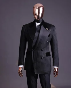 A Charcoal Black “Mandate” rain drop patterned jacquard, triple breasted tuxedo suit