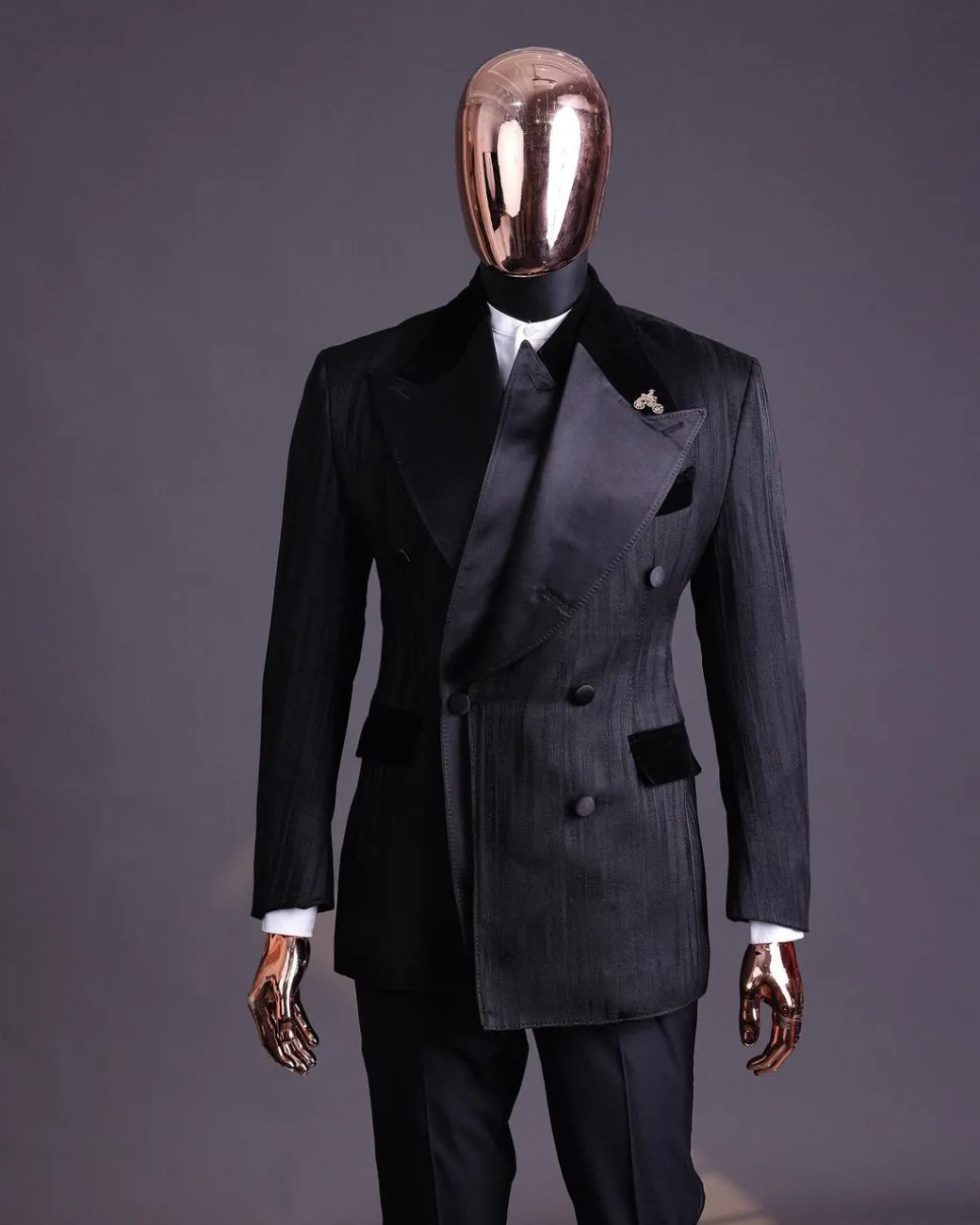 A Charcoal Black “Mandate” rain drop patterned jacquard, triple breasted tuxedo suit