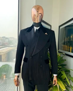 A Charcoal Black “Mandate” rain drop patterned jacquard, triple breasted tuxedo suit