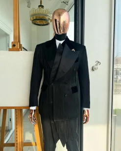 A Charcoal Black “Mandate” rain drop patterned jacquard, triple breasted, 2 layer dropping sache tuxedo suit.