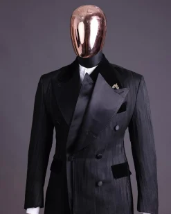 A Charcoal Black “Mandate” rain drop patterned jacquard, triple breasted tuxedo suit