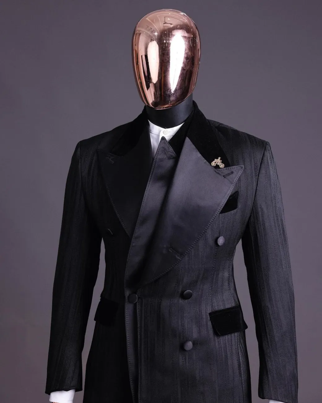 A Charcoal Black “Mandate” rain drop patterned jacquard, triple breasted tuxedo suit